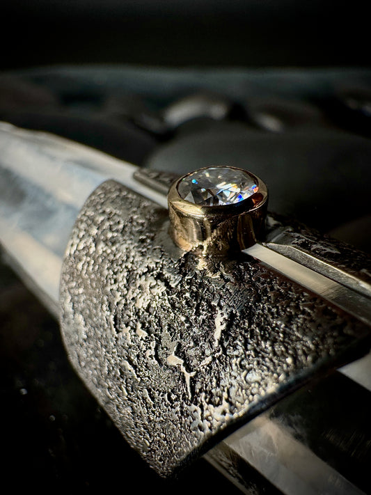 Moissanite, gold and silver fused dust ring, size 8