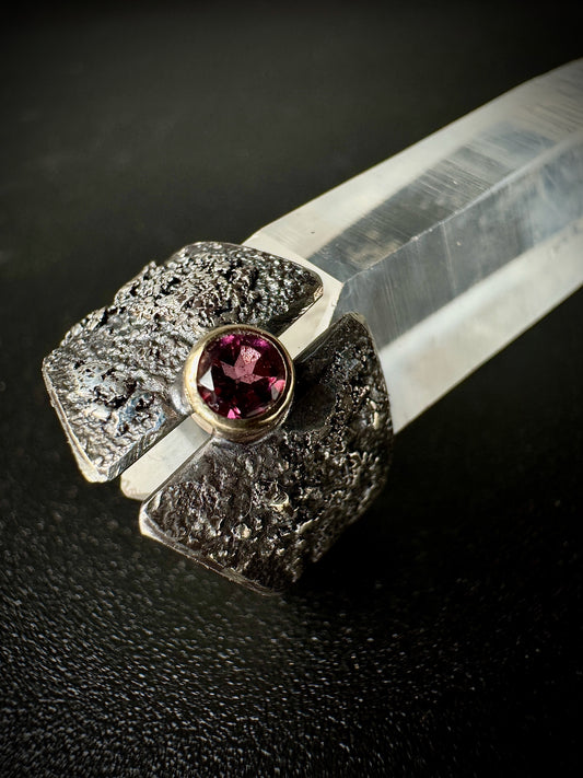 Pink Tourmaline, gold and silver fused dust ring, size 5.5
