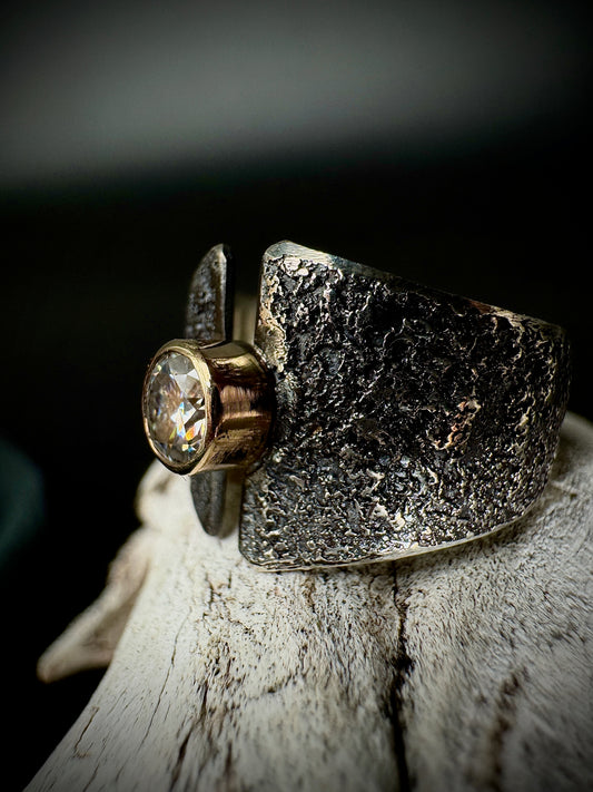 Moissanite, gold and silver fused dust ring, size 6.75