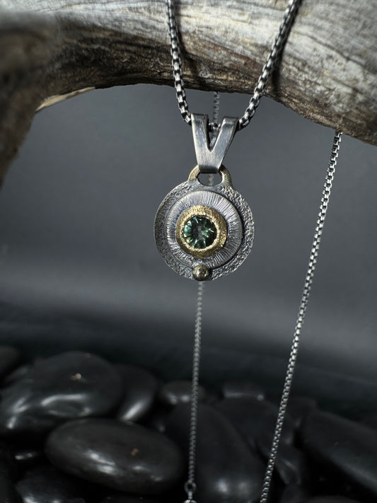 Teal Kenyan sapphire 14k and silver Portal pendant