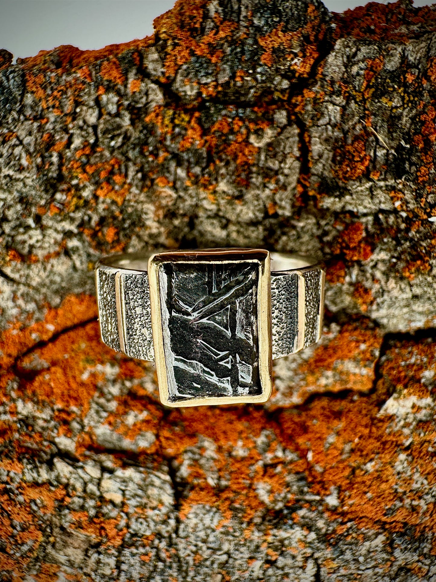 Aletai meteorite silver and gold ring, size 13