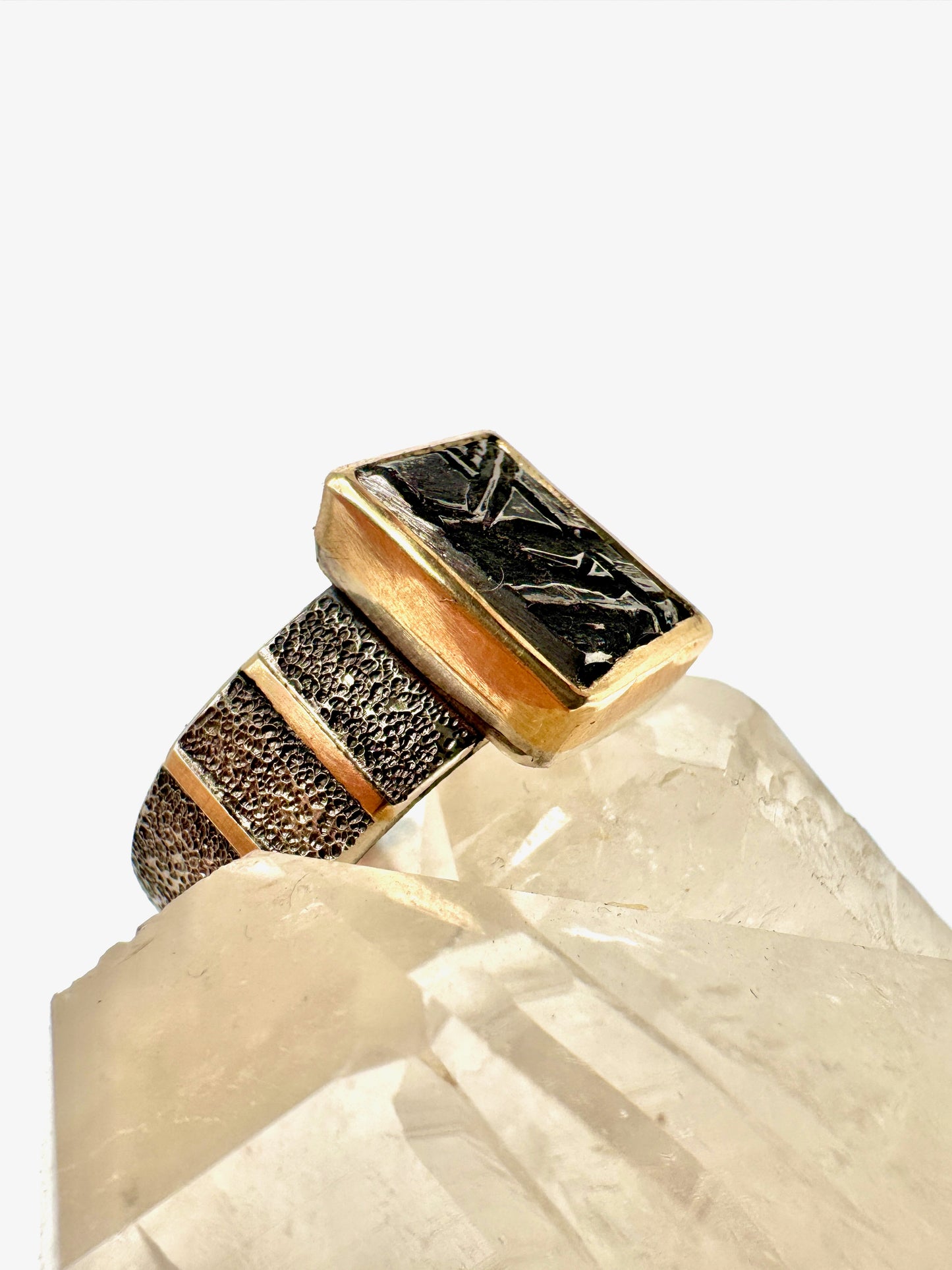 Aletai meteorite silver and gold ring, size 13