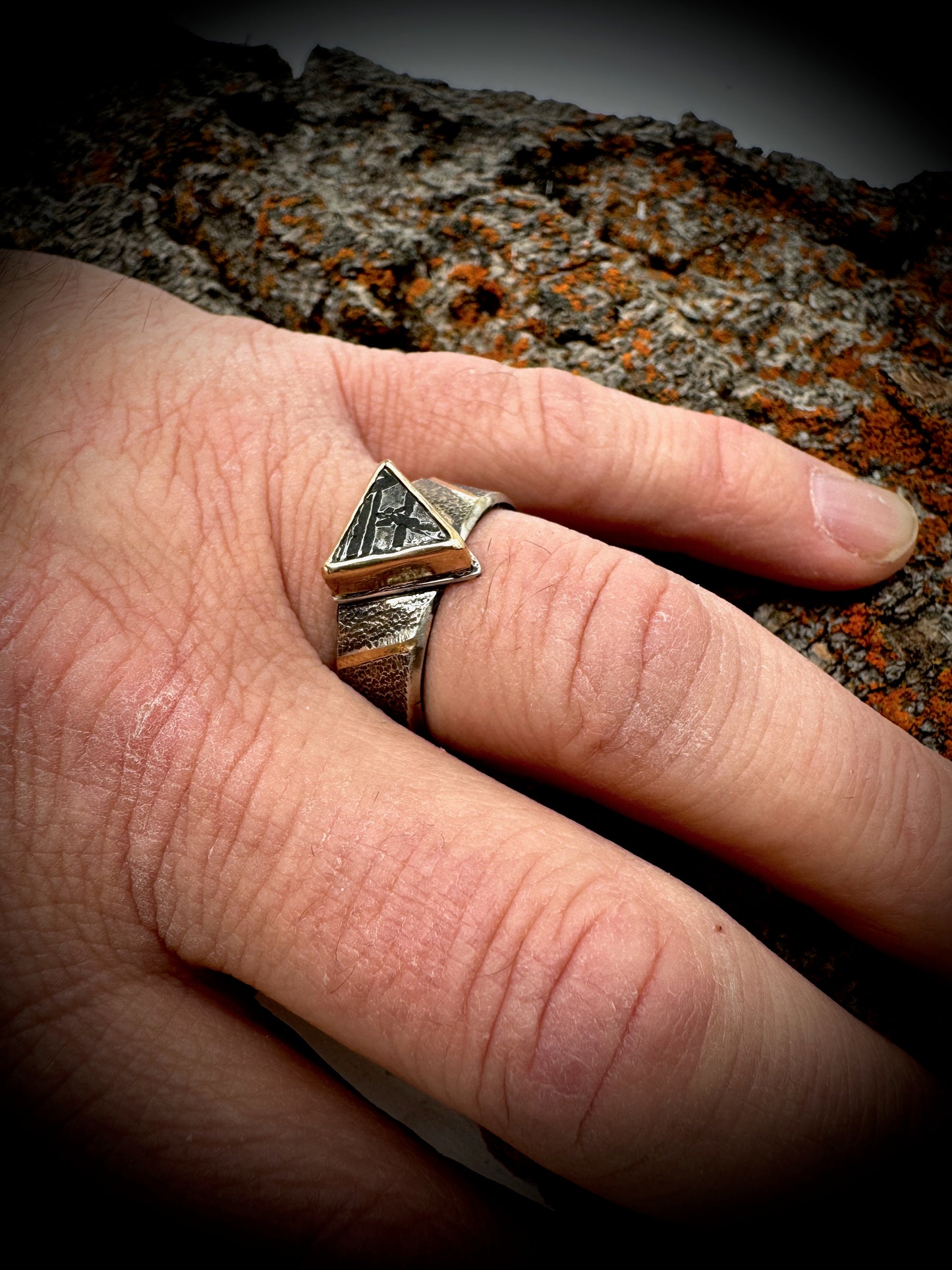 Aletai meteorite 14k gold and silver ring, size 12