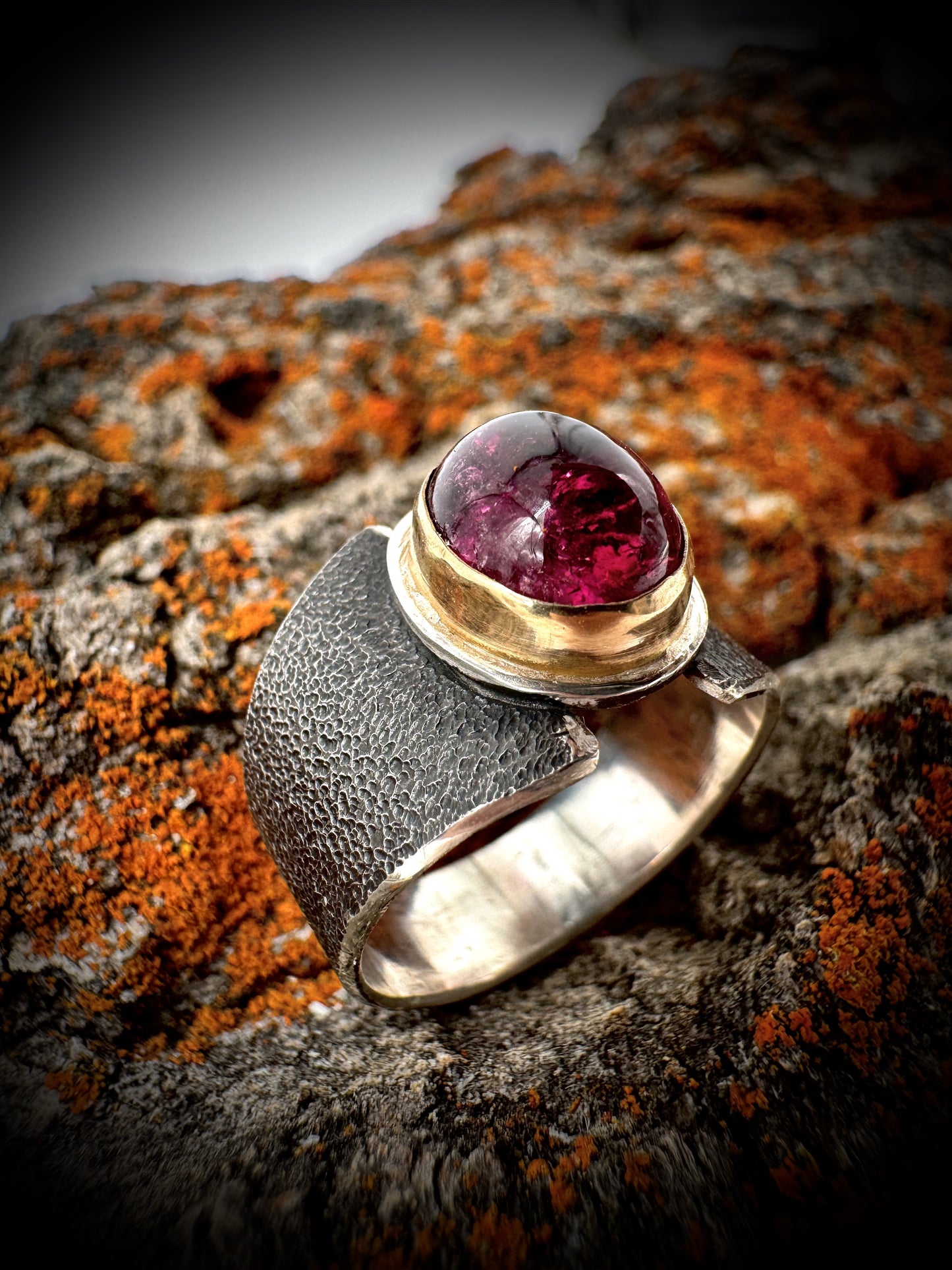 Rubellite, 14k gold, and sterling ring, size 7.5