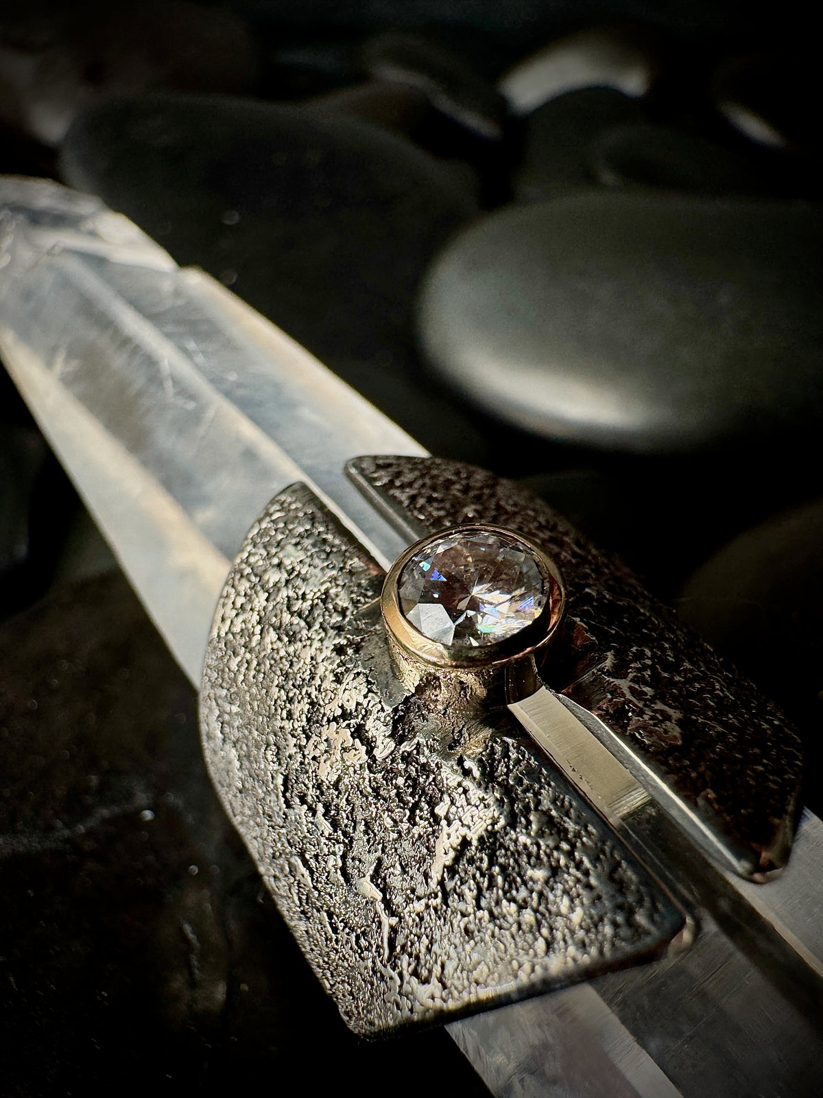 Moissanite, gold and silver fused dust ring, size 8