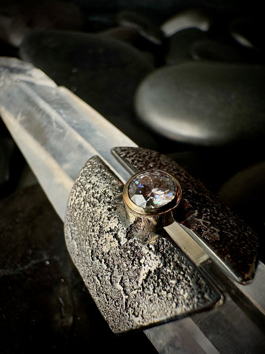 Moissanite, gold and silver fused dust ring, size 8