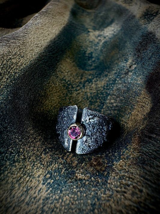 Pink Tourmaline, gold and silver fused dust ring, size 5.5