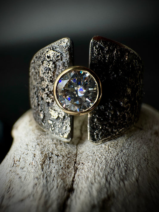 Moissanite, gold and silver fused dust ring, size 6.75