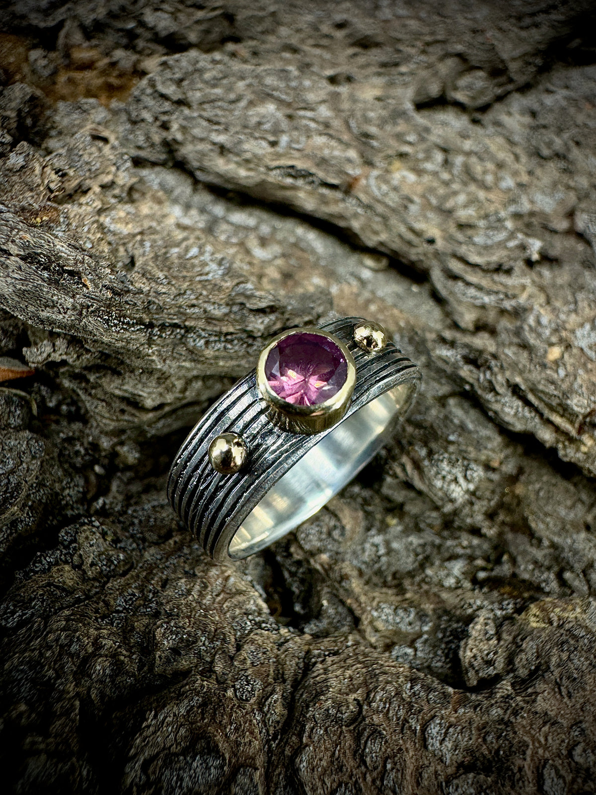 Hot Pink Mahenge Spinel Woven gold and silver ring size 6.25