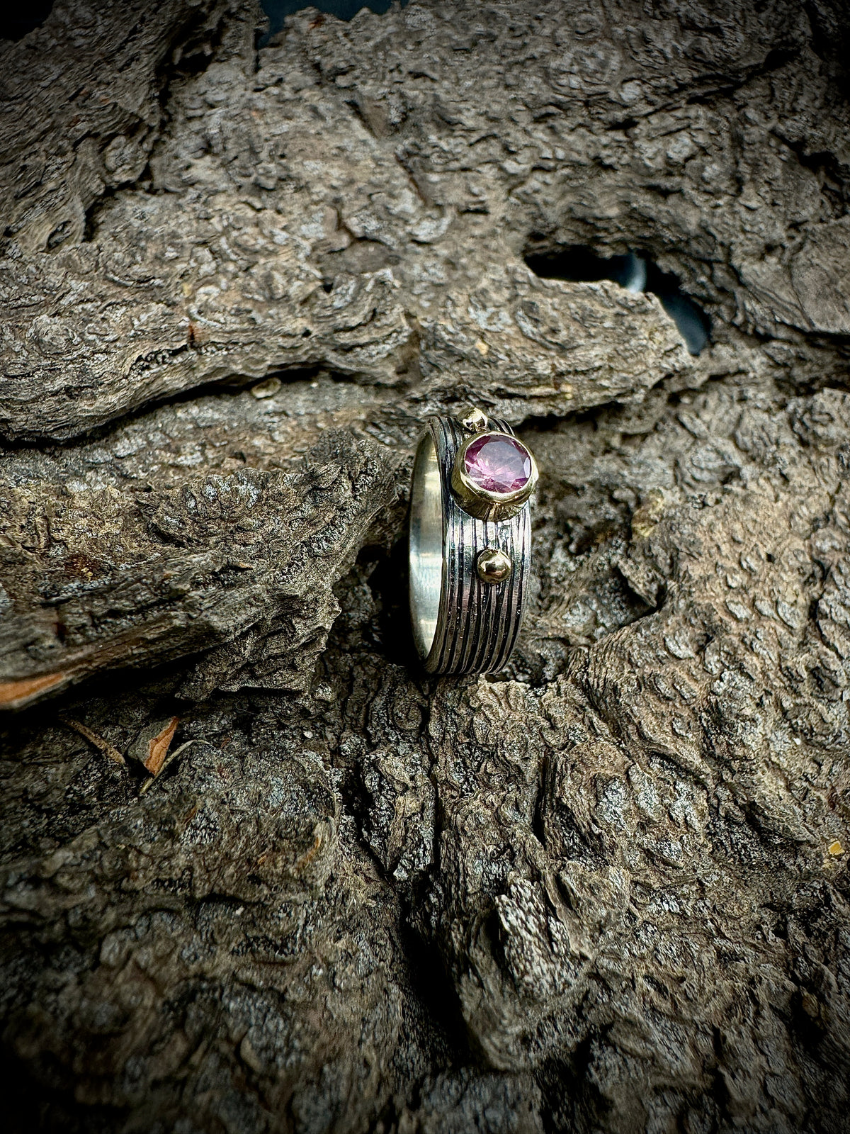 Hot Pink Mahenge Spinel Woven gold and silver ring size 6.25
