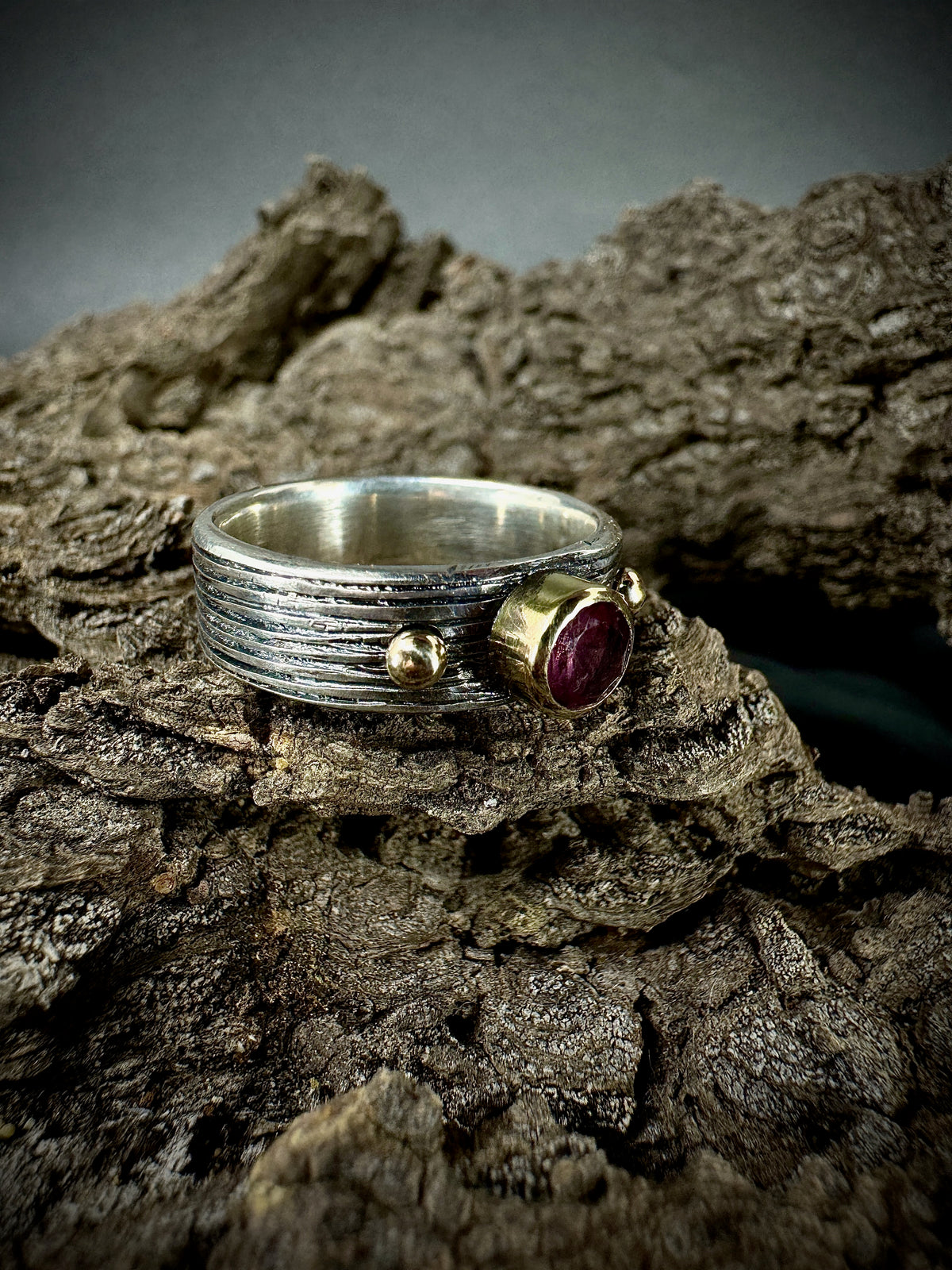 Hot Pink Mahenge Spinel Woven gold and silver ring size 6.25