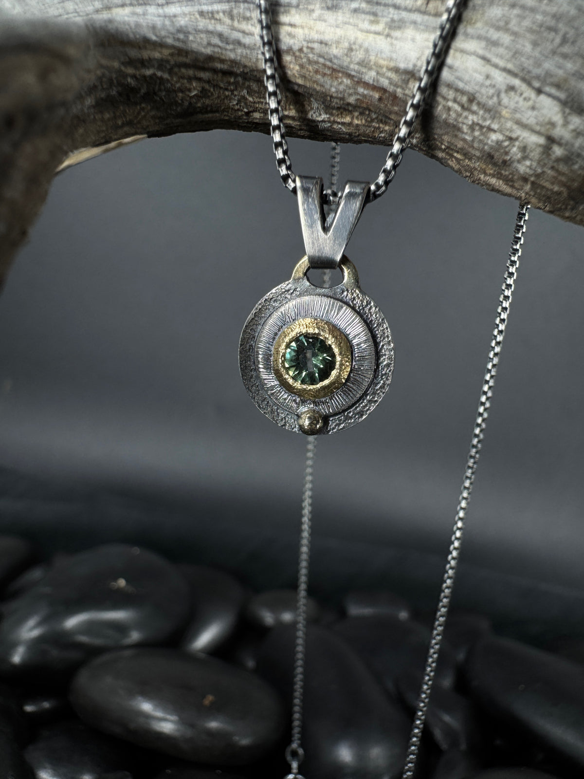 Teal Kenyan sapphire 14k and silver Portal pendant