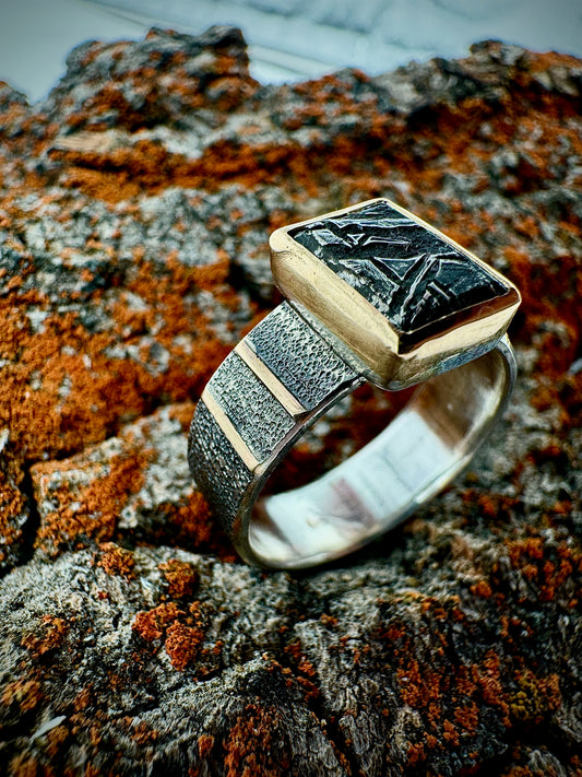 Aletai meteorite silver and gold ring, size 13