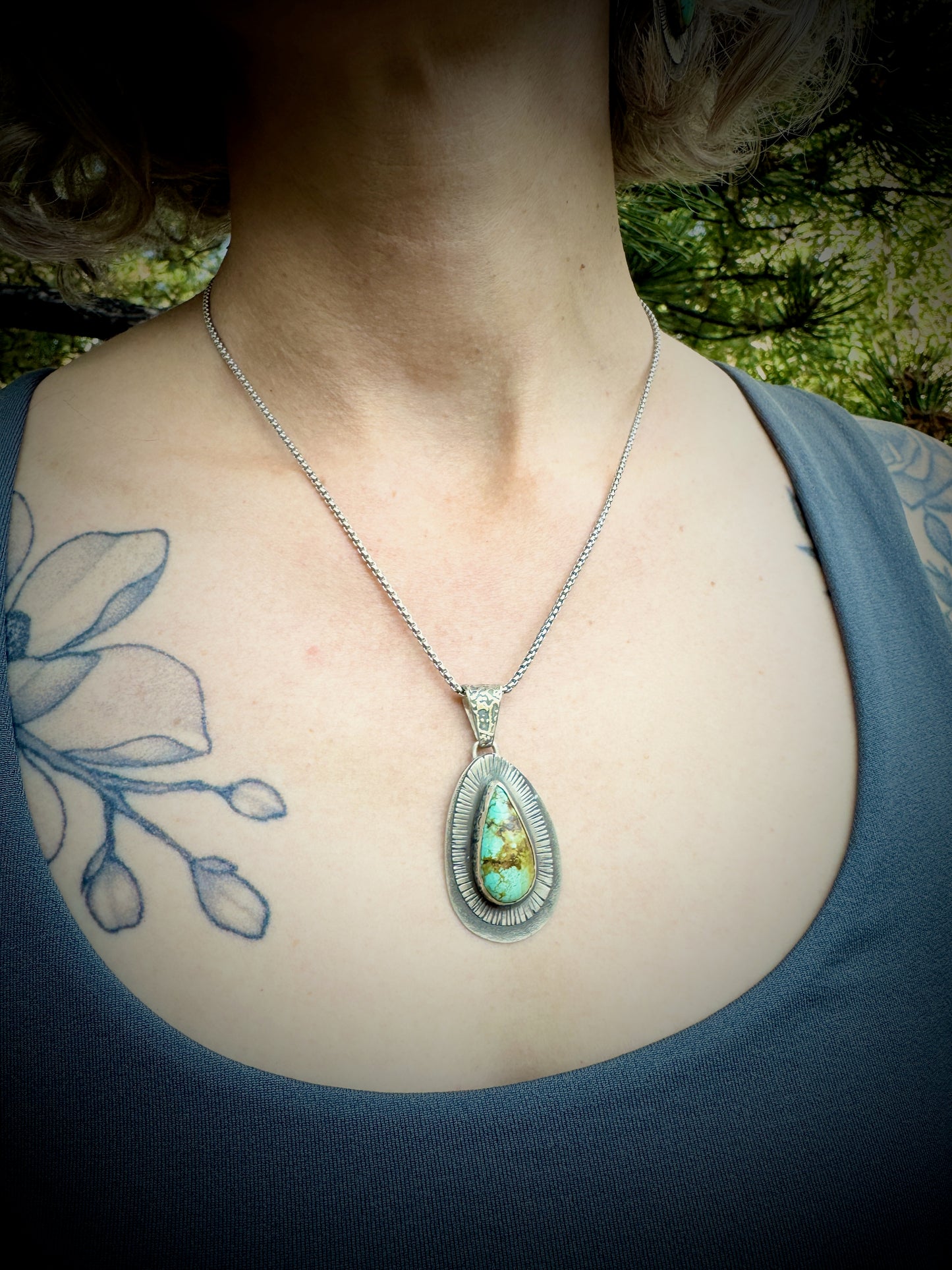 Turquoise moss patterned pendant small teardrop