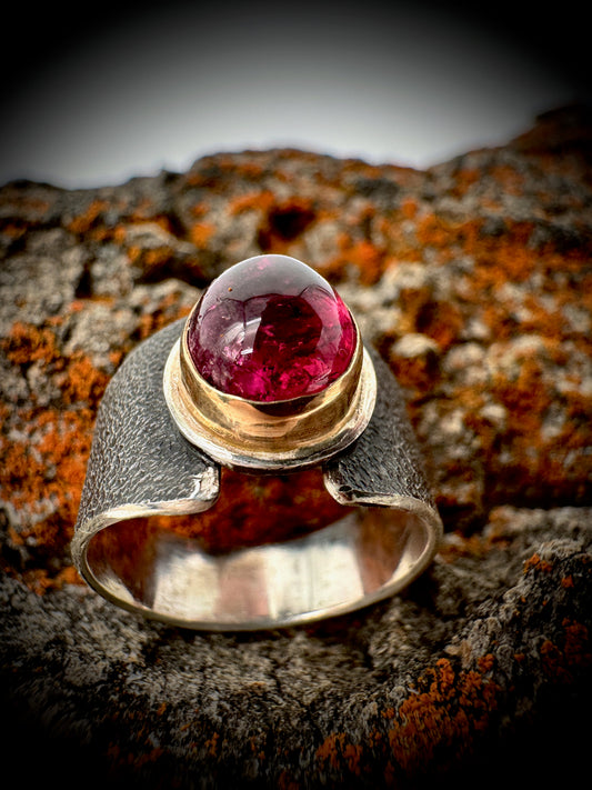 Rubellite, 14k gold, and sterling ring, size 7.5
