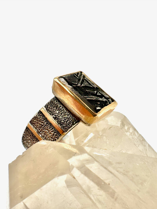 Aletai meteorite silver and gold ring, size 13