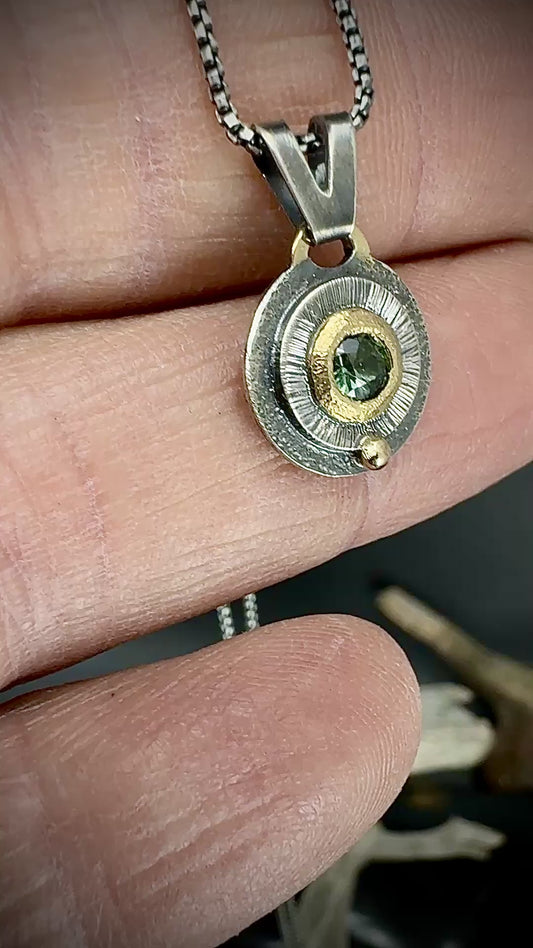 Teal Kenyan sapphire 14k and silver Portal pendant